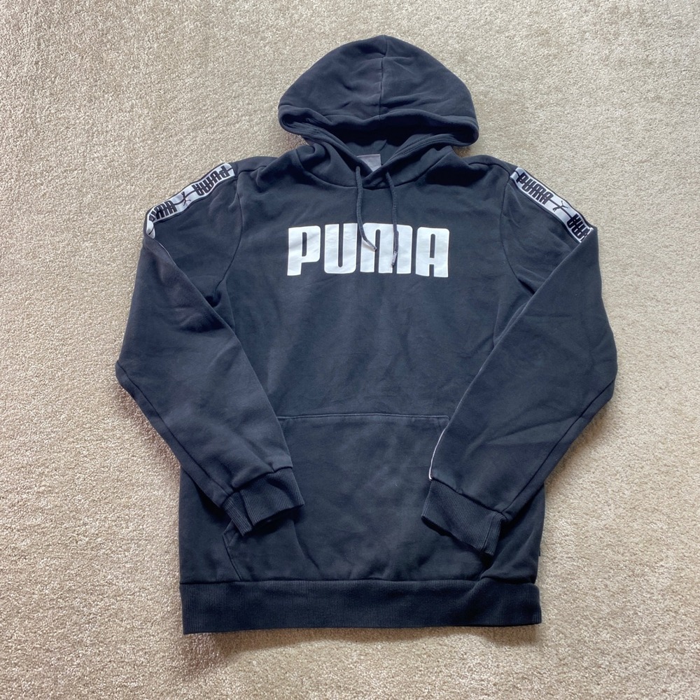 Puma Sweater Mens Small Logo Tape Hoodie‎ Black Pullover Athletic Casual Comfort